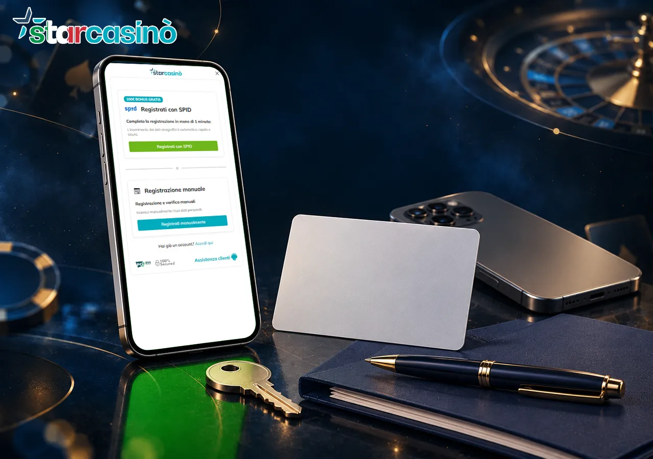 Starcasino accompagna la registrazione SPID sul telefono, con chiave, tessera e penna